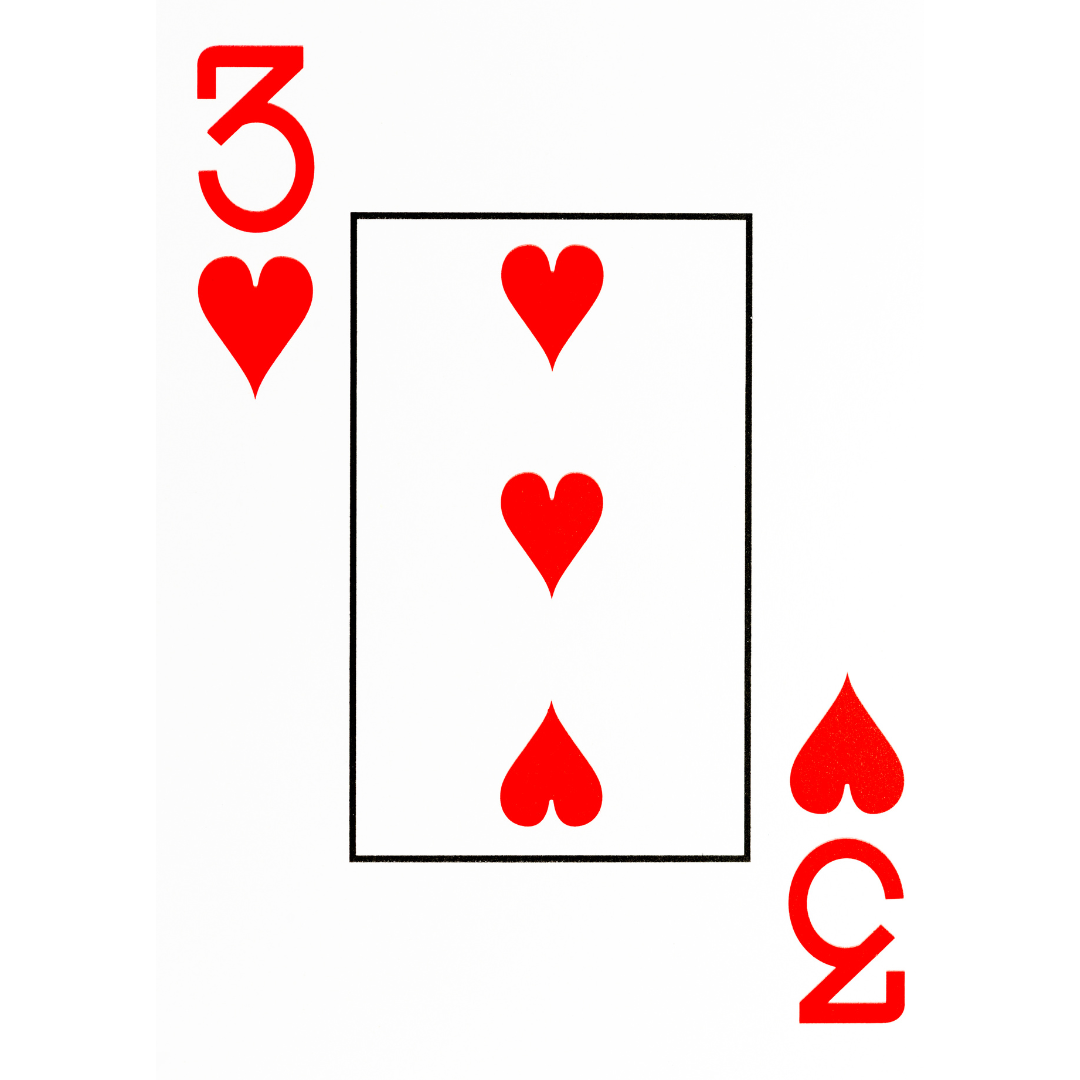 A playing card that displays the 3 of hearts