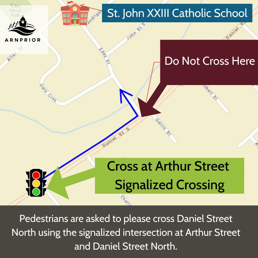 Crossing Daniel Street North via Arthur Street streetlights during Daniel-Edey Street Road Realignment Project