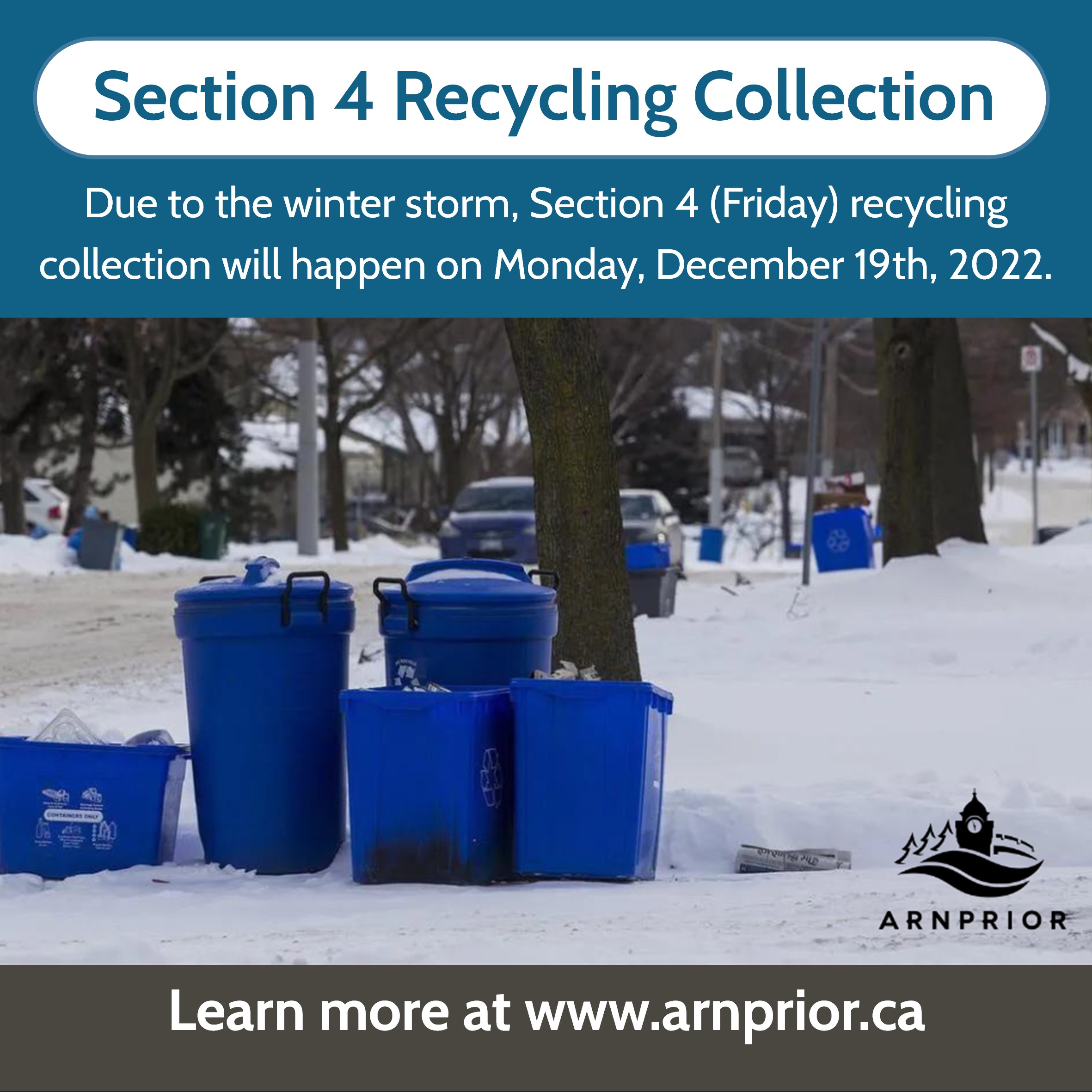 Recycling Collection Update Graphic showing recycling bins curbside on a wintery day