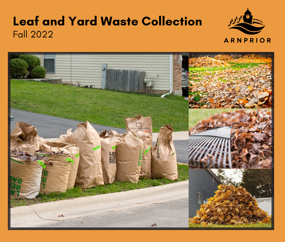 Leaf and Yard Waste Collection graphic depicting images of leaves, racks, and brown yard waste bags placed at the end of a driveway