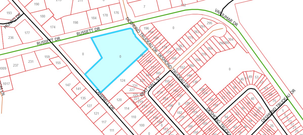 Map outlining the subject property with frontages on Campbell Drive, Russett Drive and Desmond Trudeau Drive 