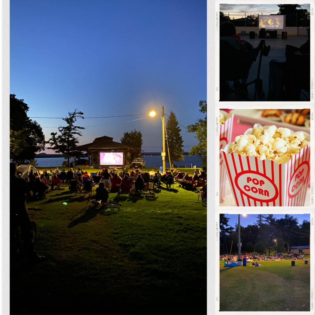 A collection of photos from past Movies in the Park and a bucket of popcorn