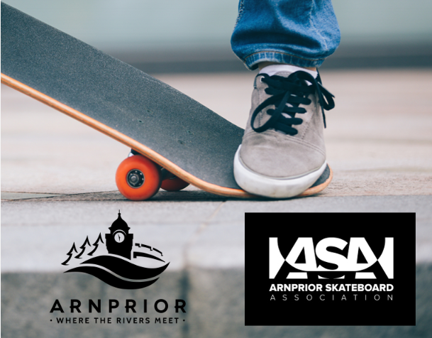 Skate board with Arnprior and Skateboard Association logo