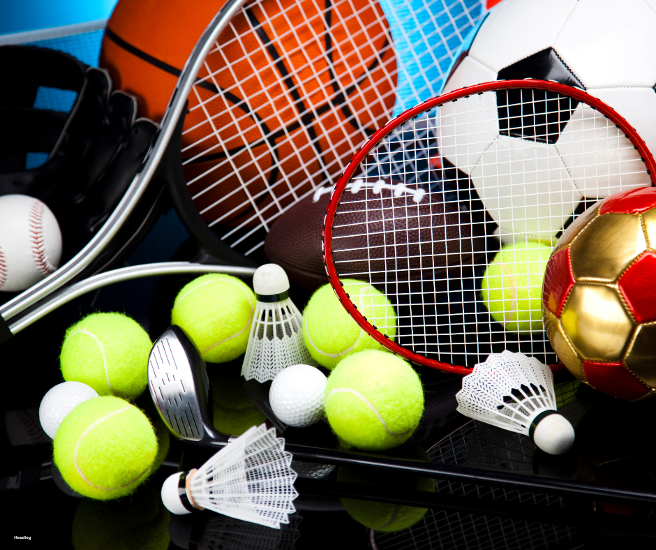 A collection of sports equipment in a photo.