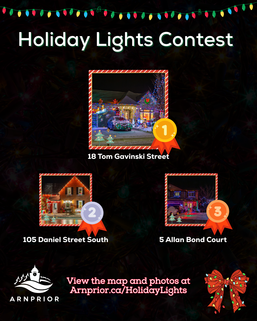 Image contains the three winning homes of the Holiday Lights Contest