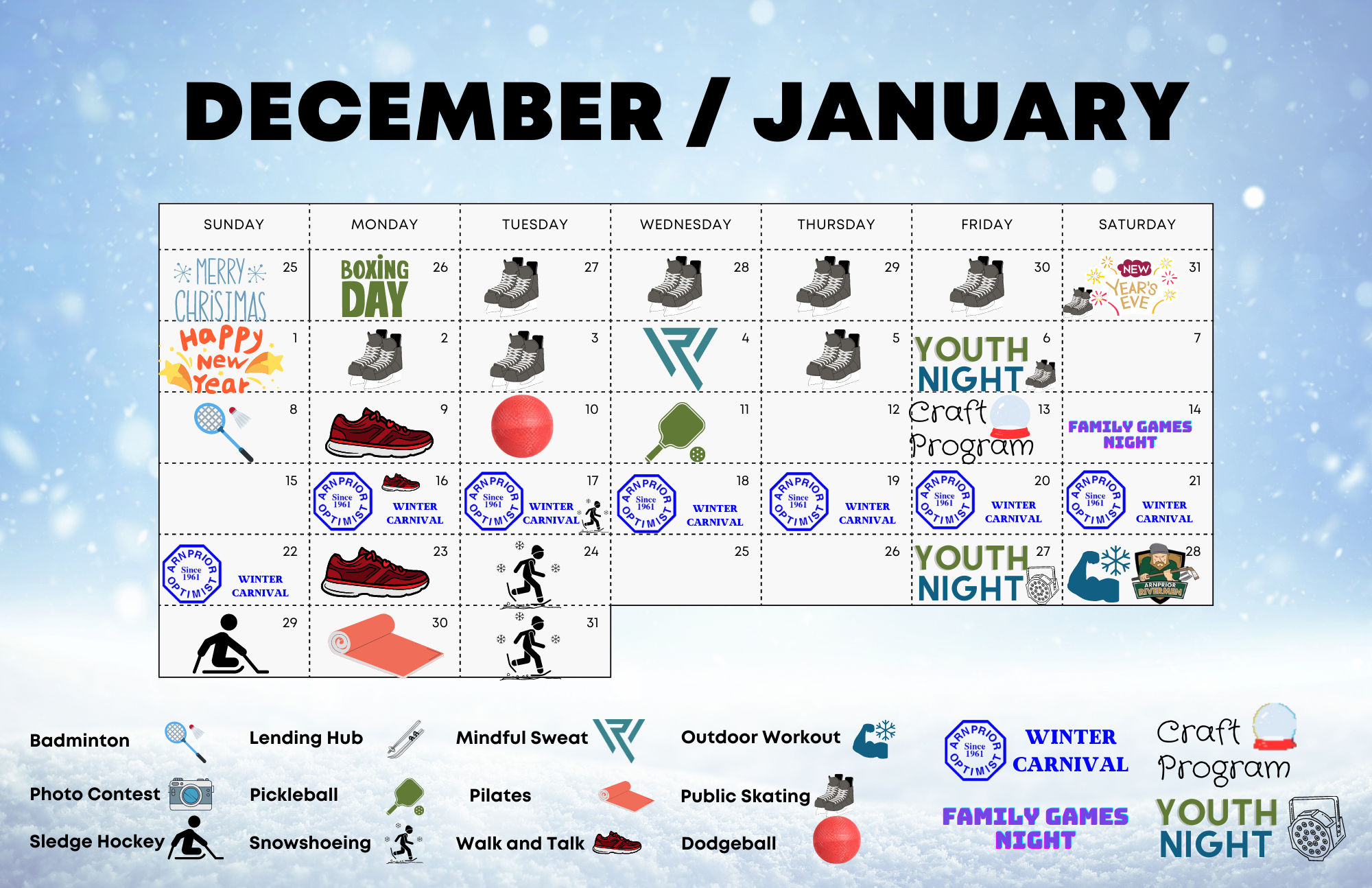 Wintermission schedule for December and January