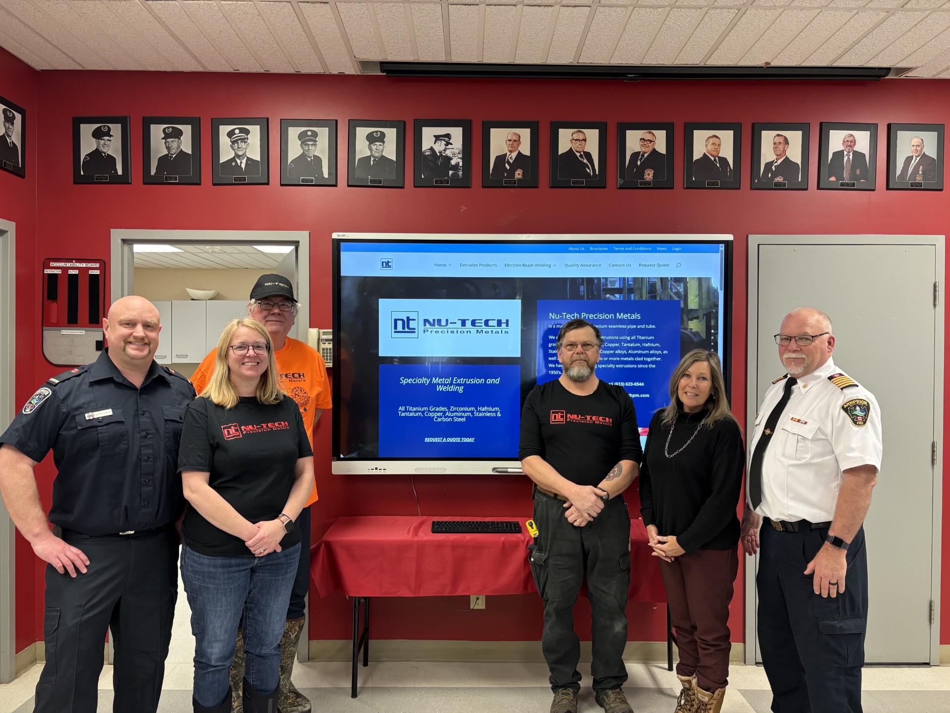 From left to right: Wes Schnob (Arnprior Fire Department), Lana Schnob (Nu-Tech), Wayne Banks (Nu-Tech), Rick Ruttan (Nu-Tech), Mayor Lisa McGee, Fire Chief Rick Desarmia, 