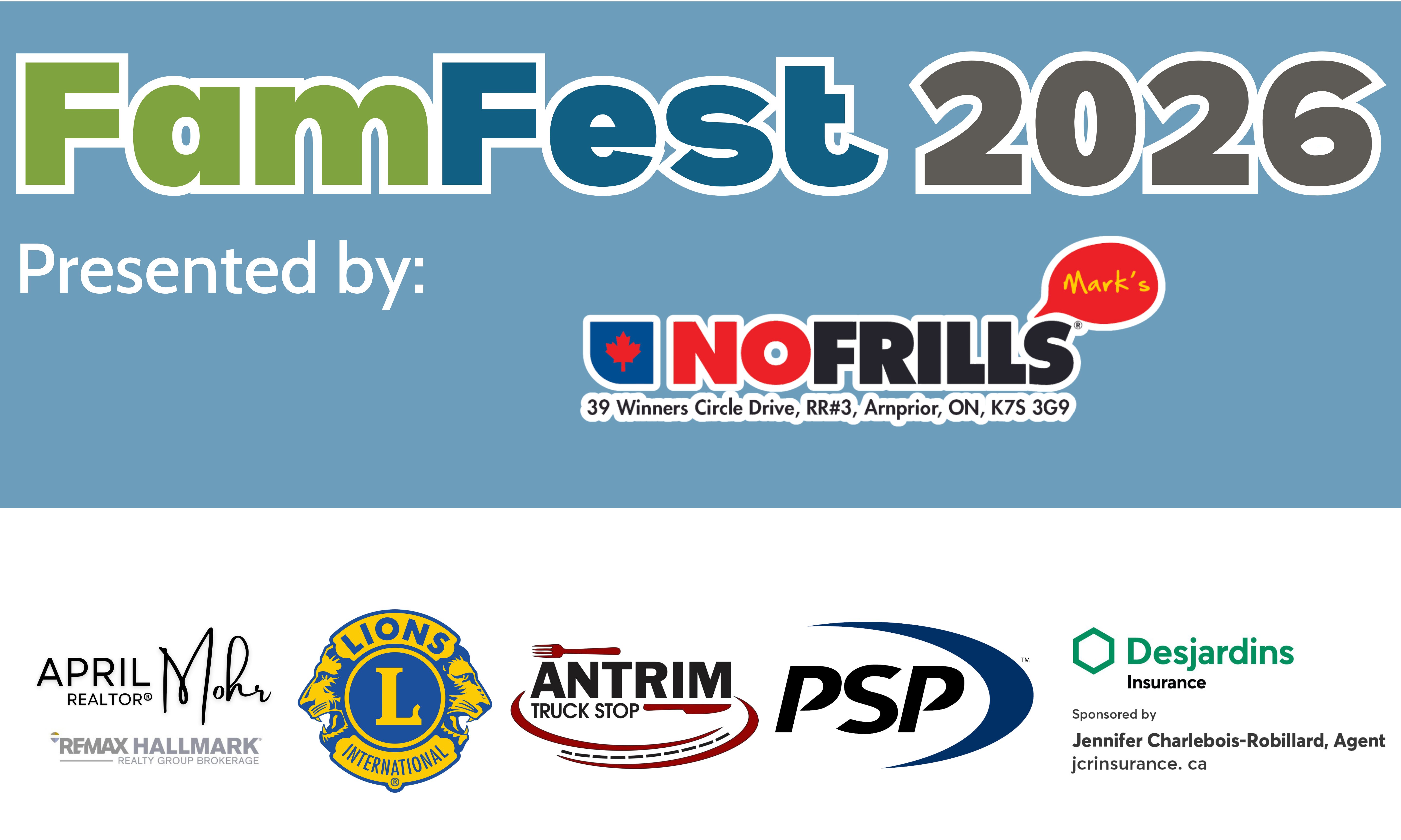 Pictured is the sponsor logos.Mark's No Frills, Antrim Truck Stop, PSP, and Jennifer Charlebois-Robillard