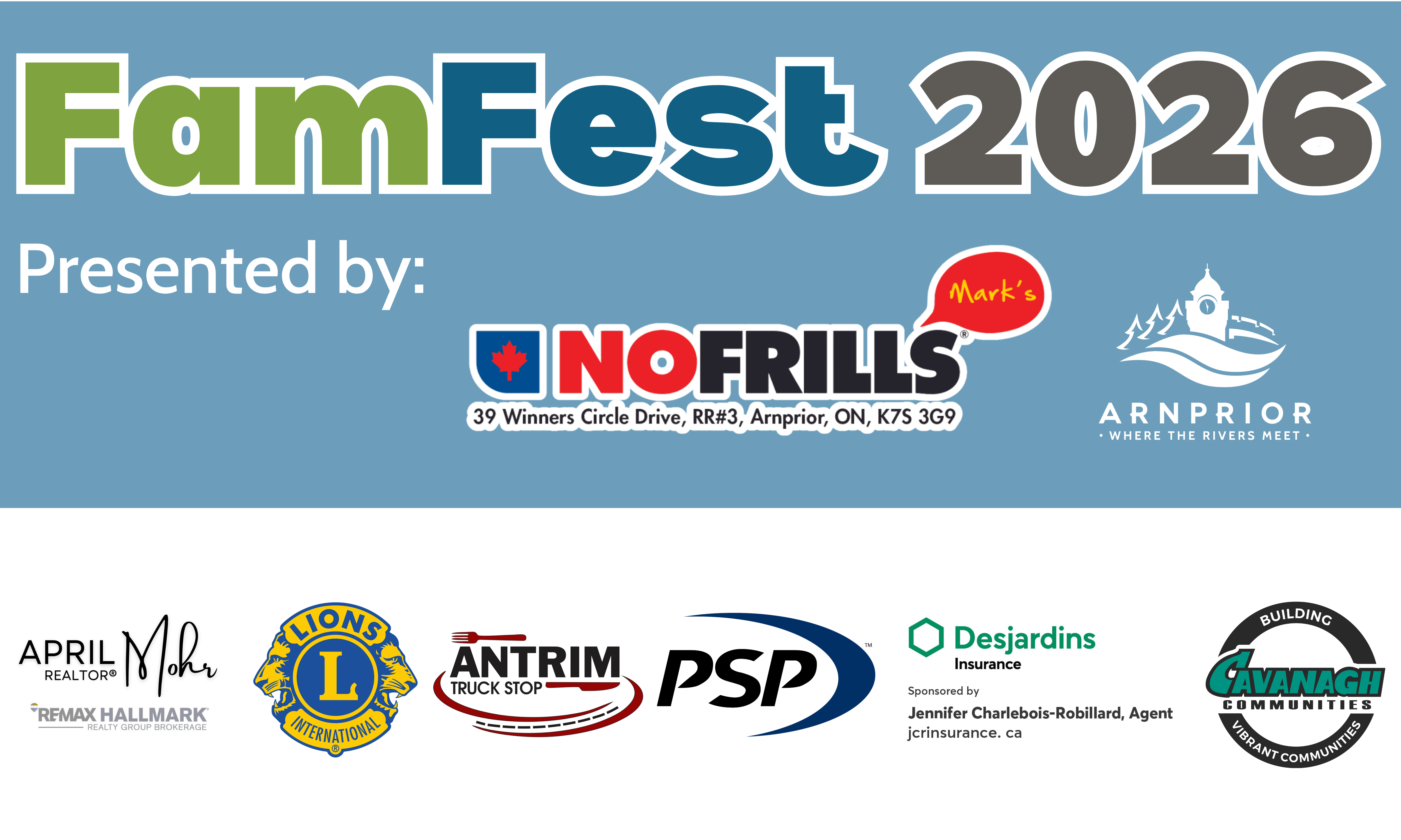 Pictured is the sponsor logos.Mark's No Frills, Antrim Truck Stop, PSP, and Jennifer Charlebois-Robillard