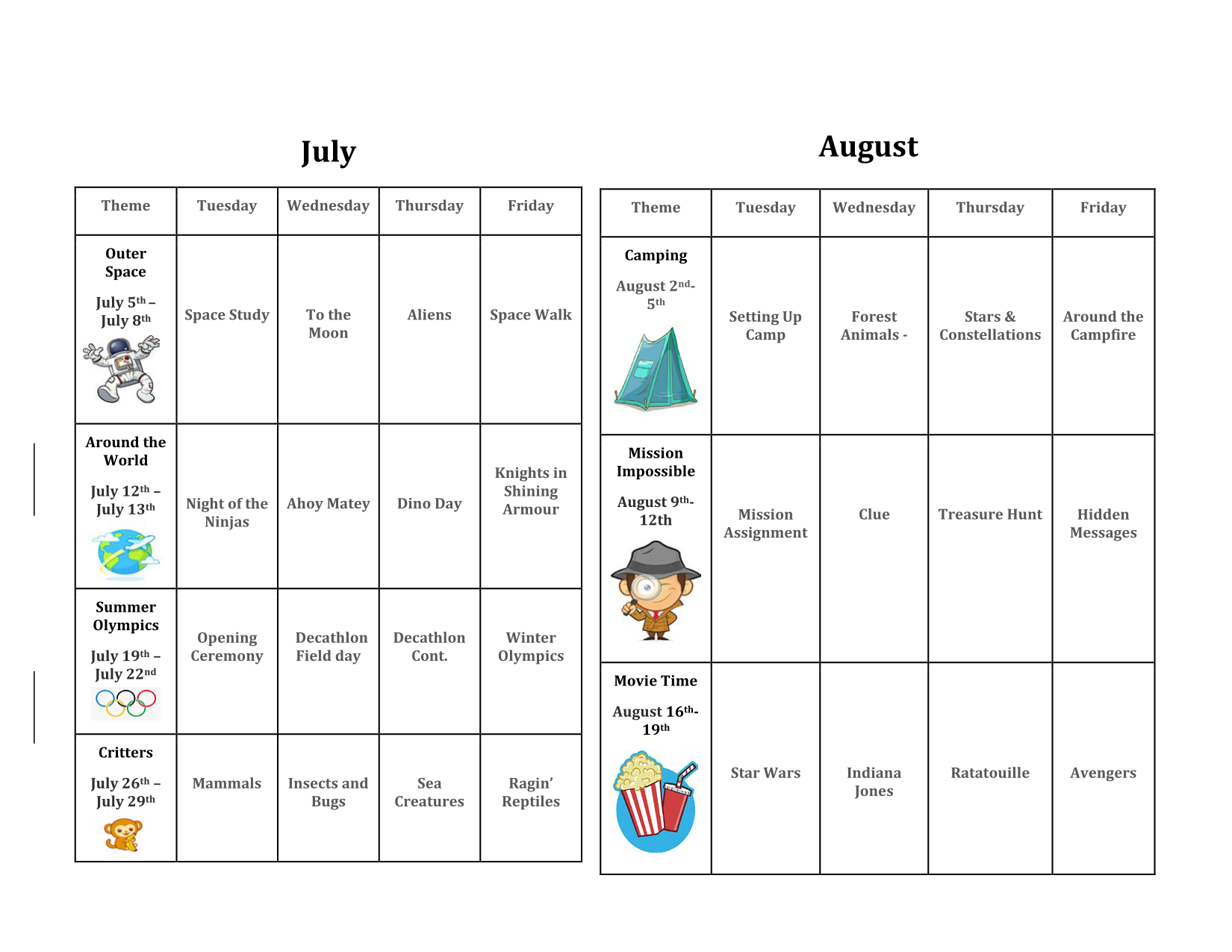 Summer 2022 activity schedule