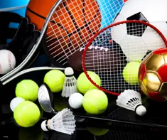 A collection of sports equipment in a photo.